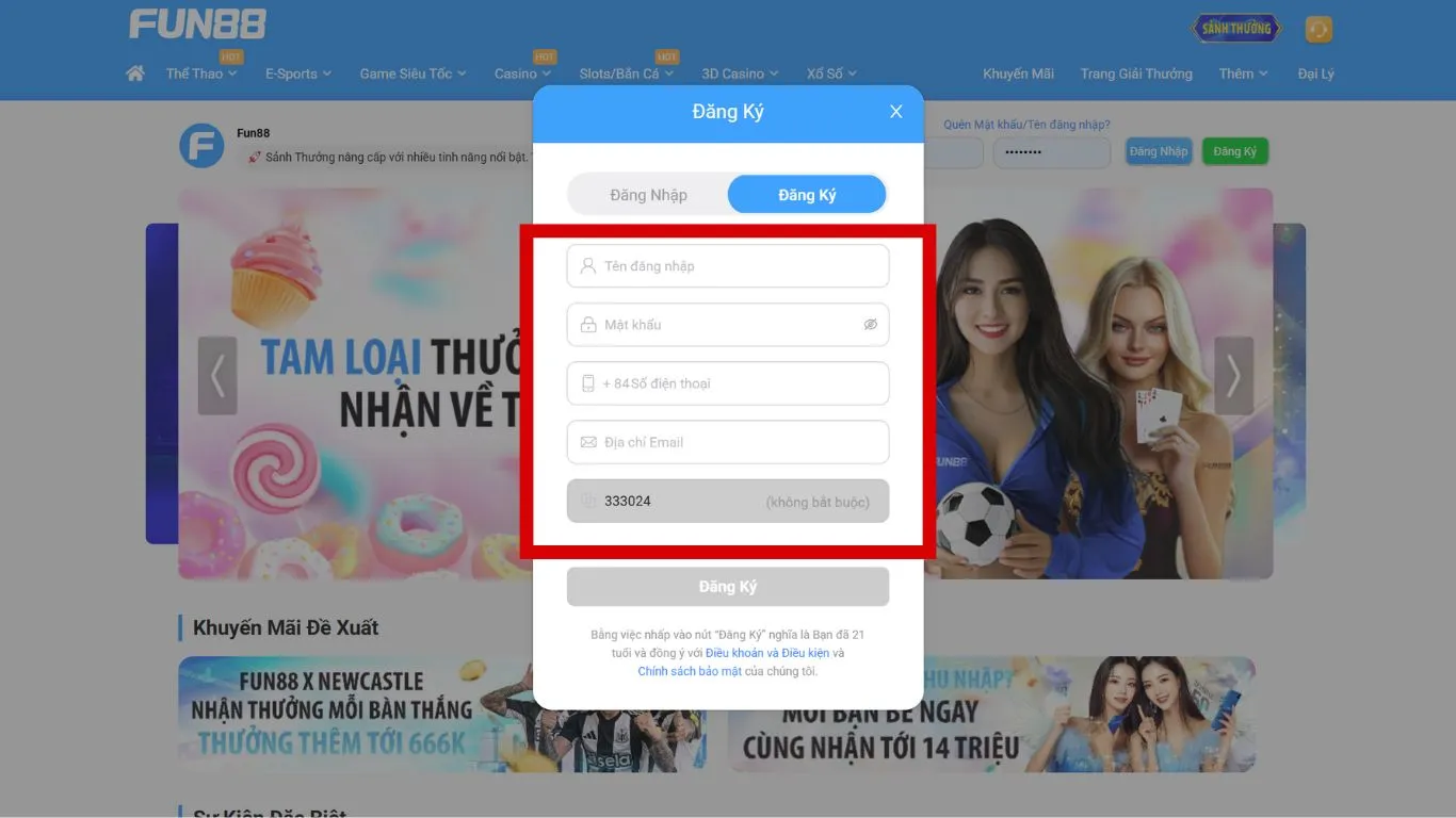 Các nội dung được trang đăng ký FUN88 yêu cầu cần nhập đúng