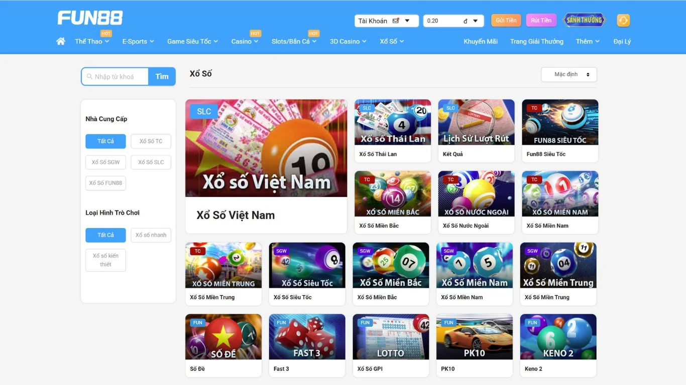 Loại hình xổ số FUN88 cung cấp rất đặc sắc
